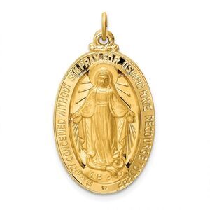 14k Yellow Gold Solid 3D Oval Miraculous Medal Pendant, 17 x 31mm